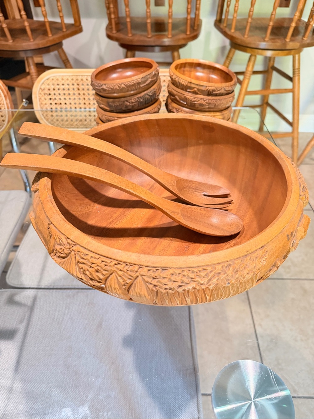 Hand Carved Wooden Bowl Set – 9 Pieces w/ Serving Utensils